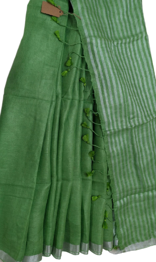 Linen Silk Saree Green With Silver
