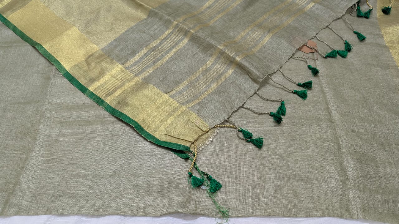 Linen Silk Saree Gold With Green