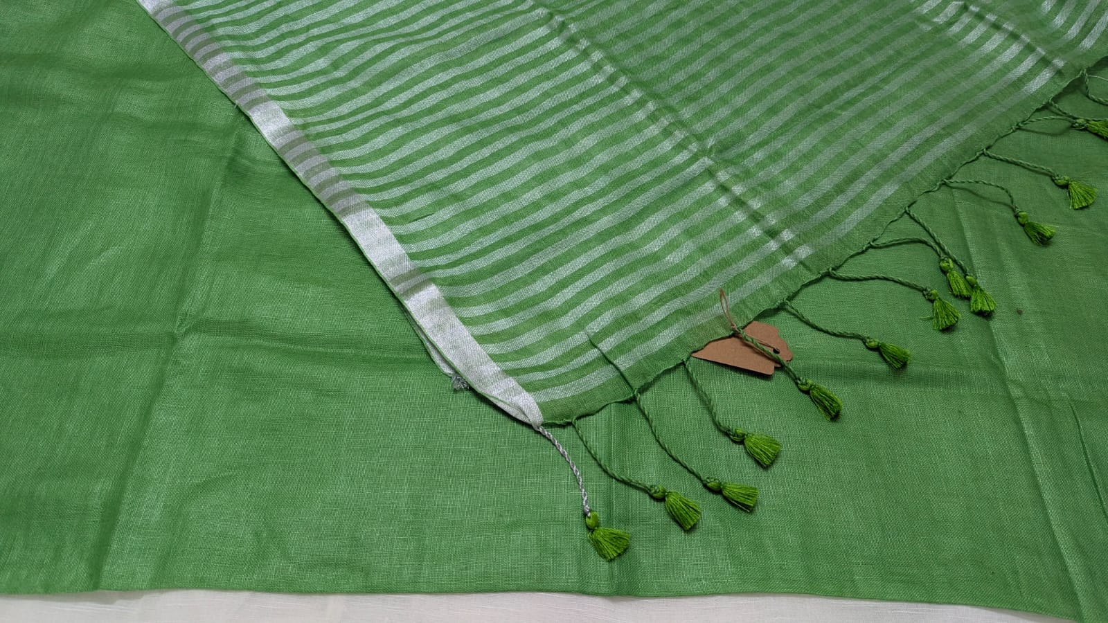 Linen Silk Saree Green With Silver