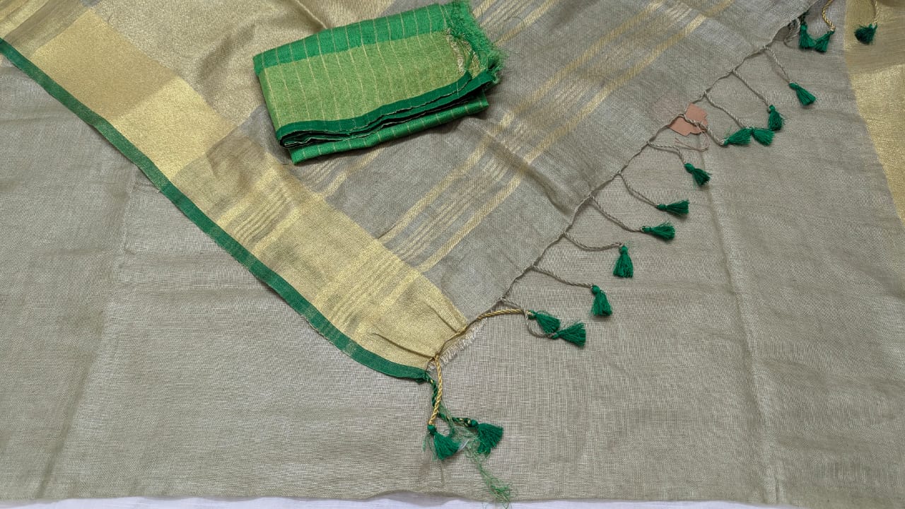 Linen Silk Saree Gold With Green