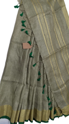 Linen Silk Saree Gold With Green