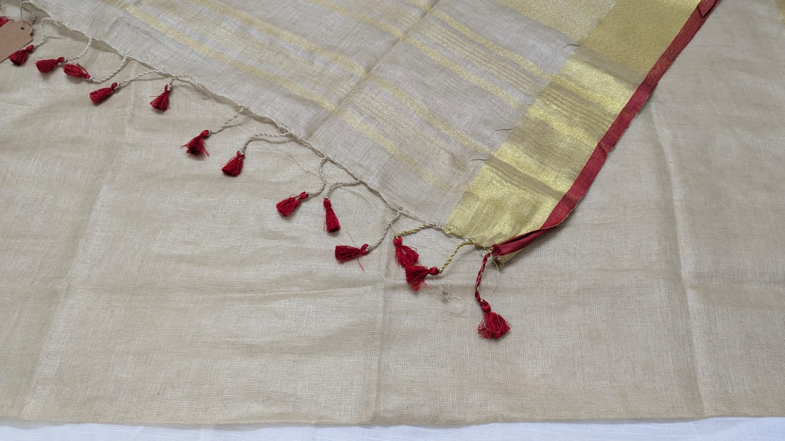 Linen Silk Saree Gold with Red