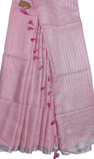 Linen Silk Saree Pink with Silver