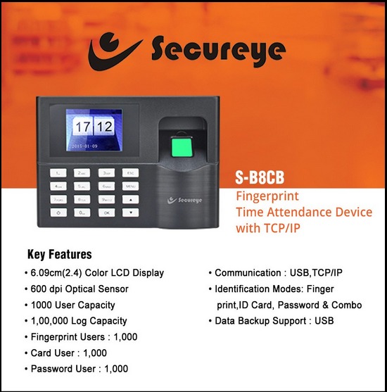 Secureye S-B8CB Fingerprint Time Attendance Device