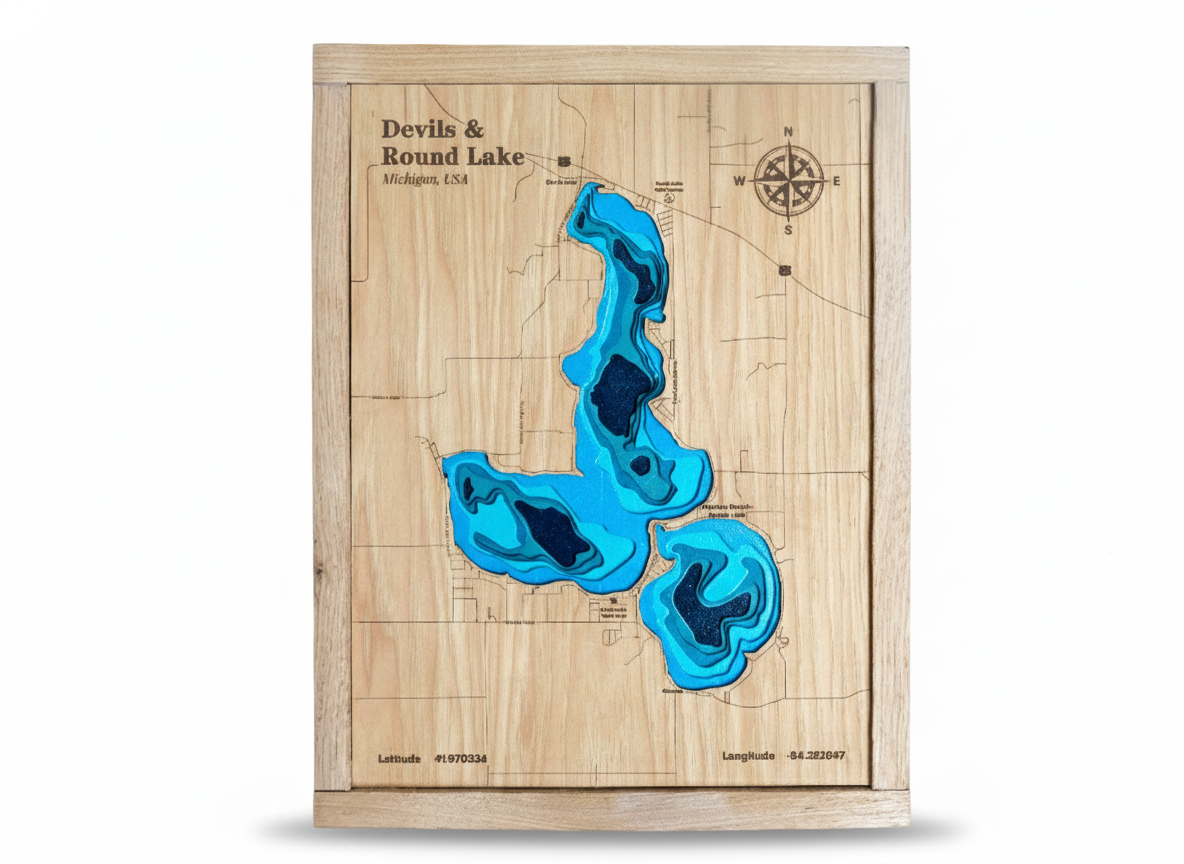 Devils & Round Lake Wooden Map