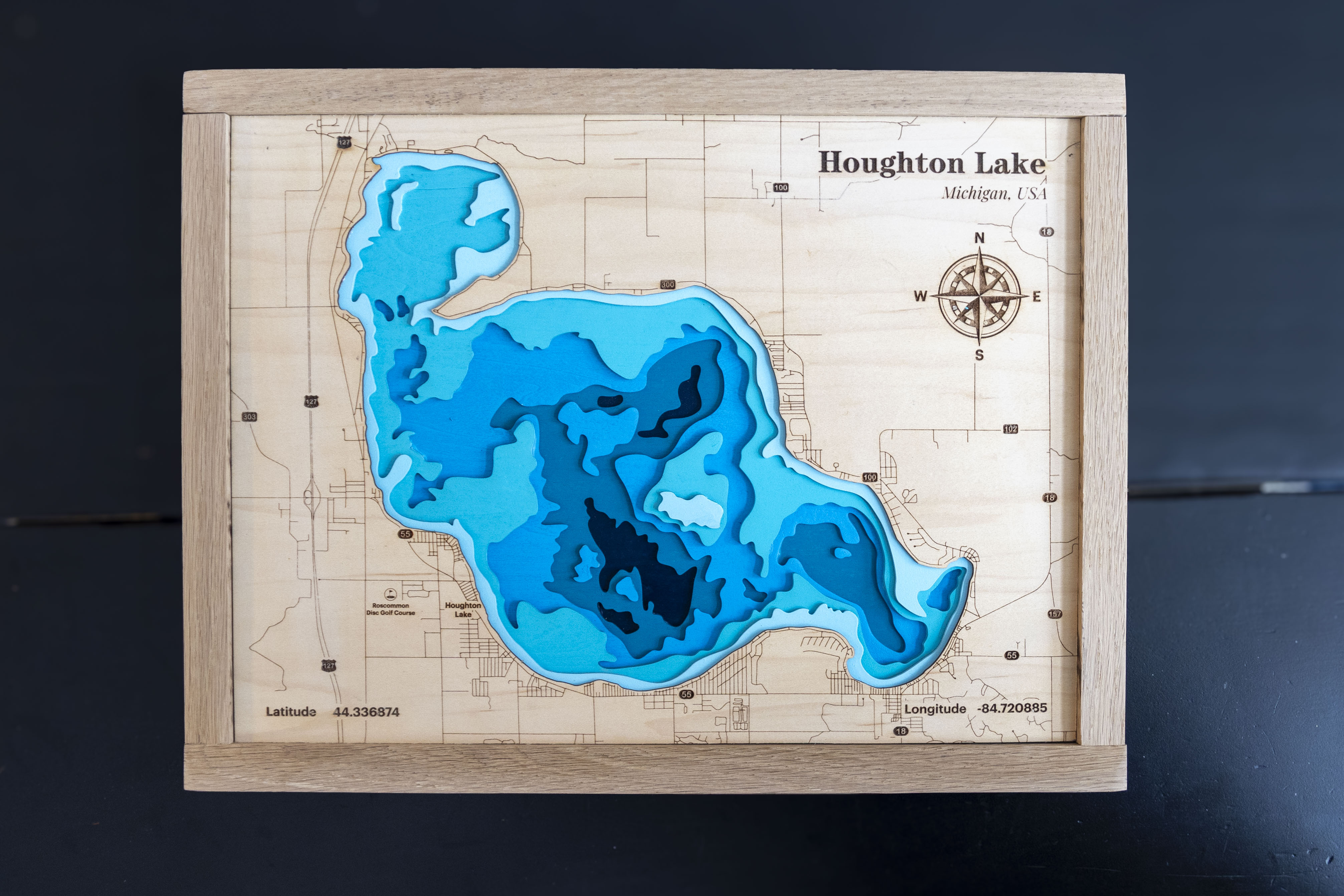 Houghton Lake Wooden Topographic Map