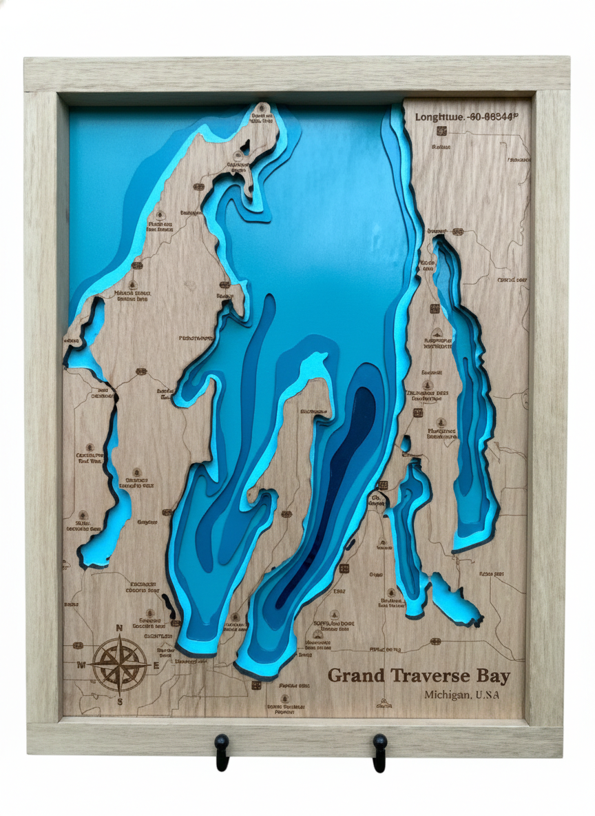 Grand Traverse Bay Wooden Topographic Map