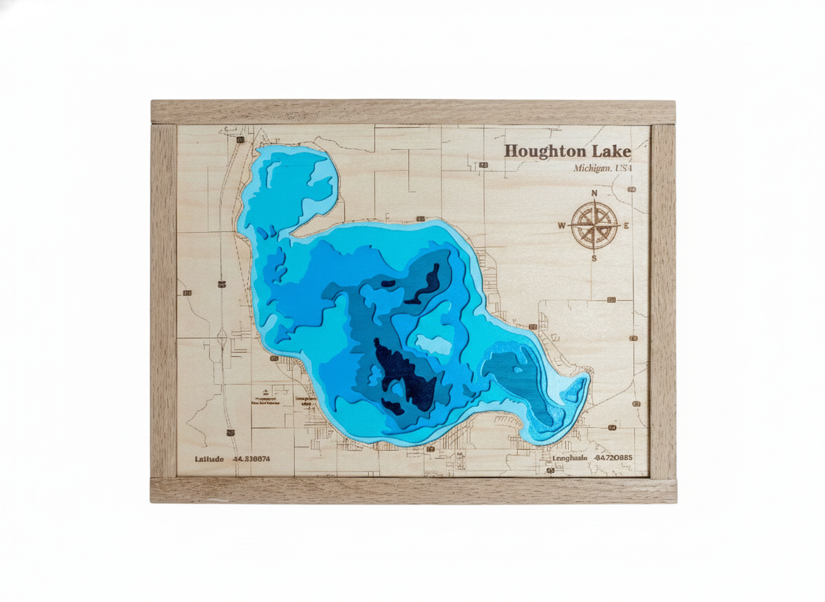 Houghton Lake Wooden Topographic Map