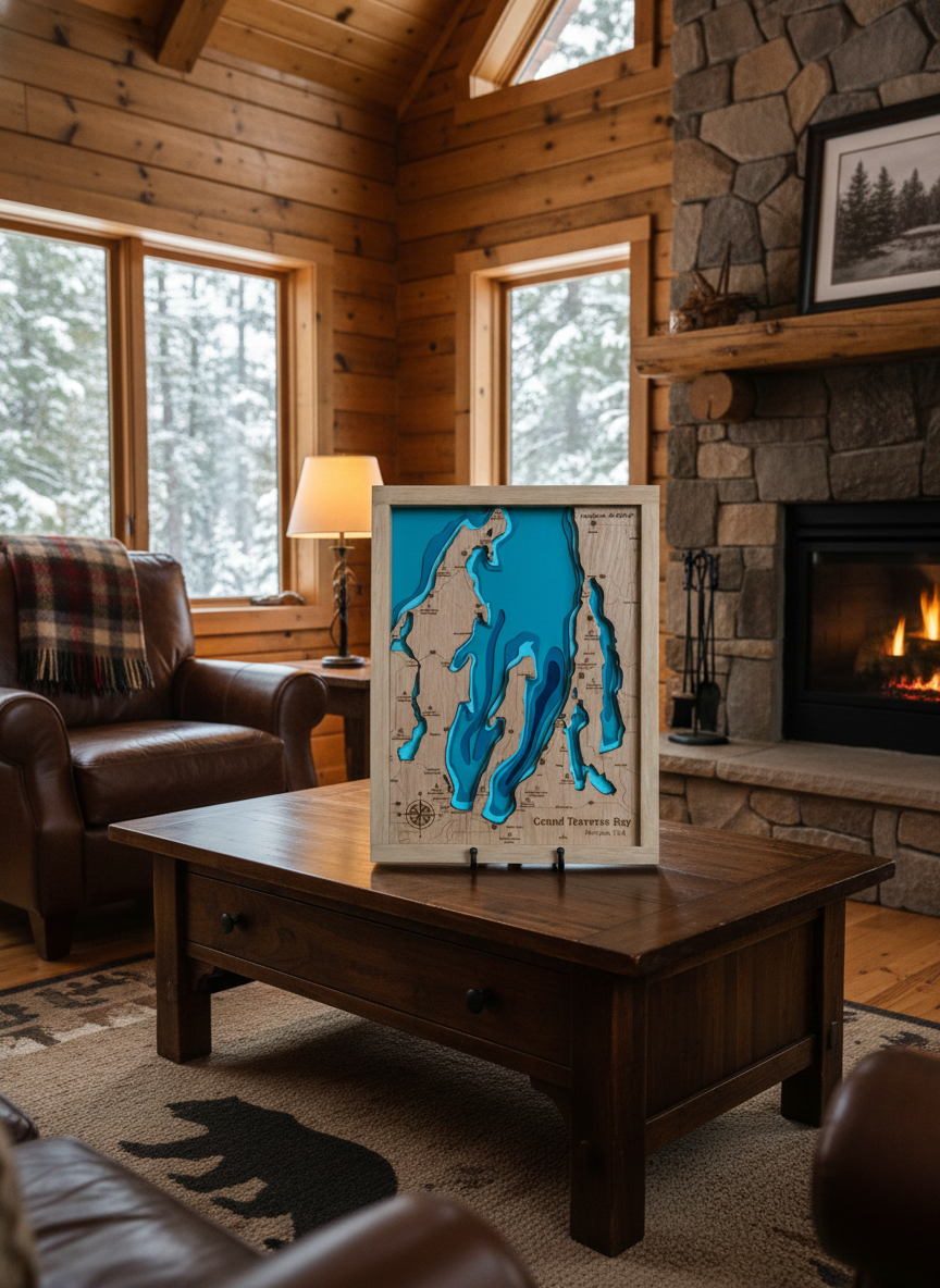 Grand Traverse Bay Wooden Topographic Map