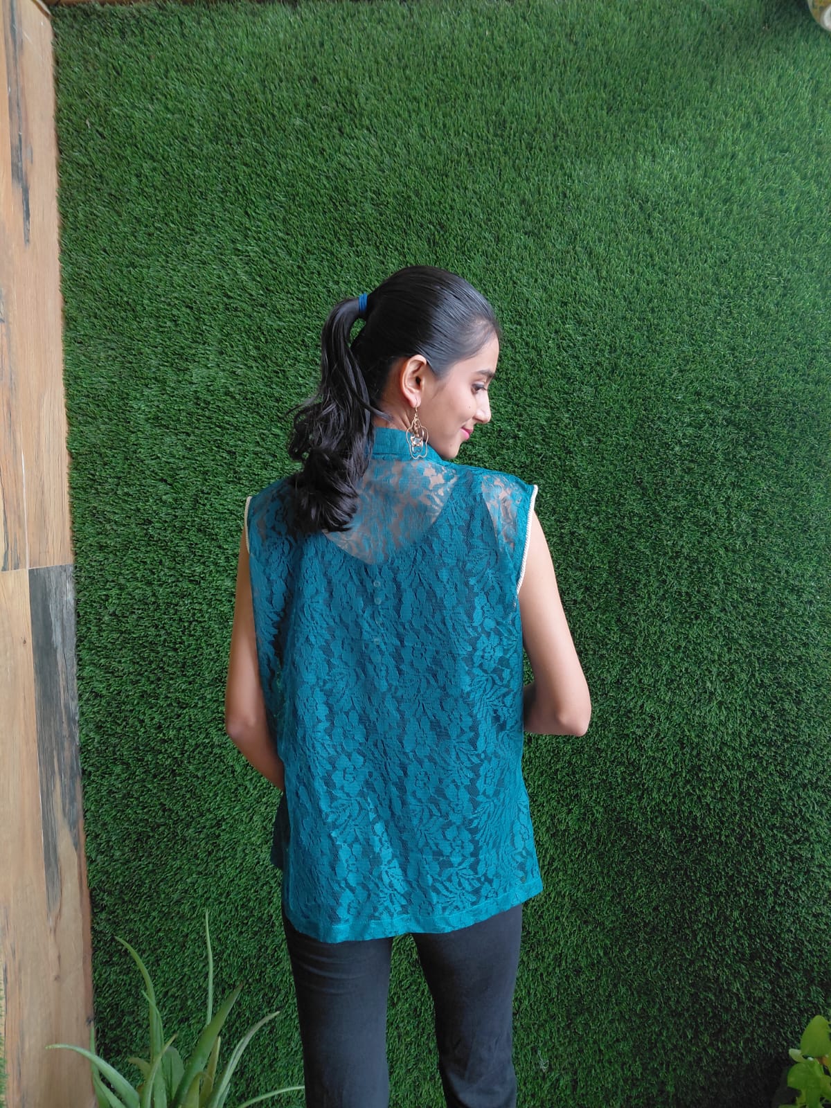 Blue Embroidered Sleeveless Jacket