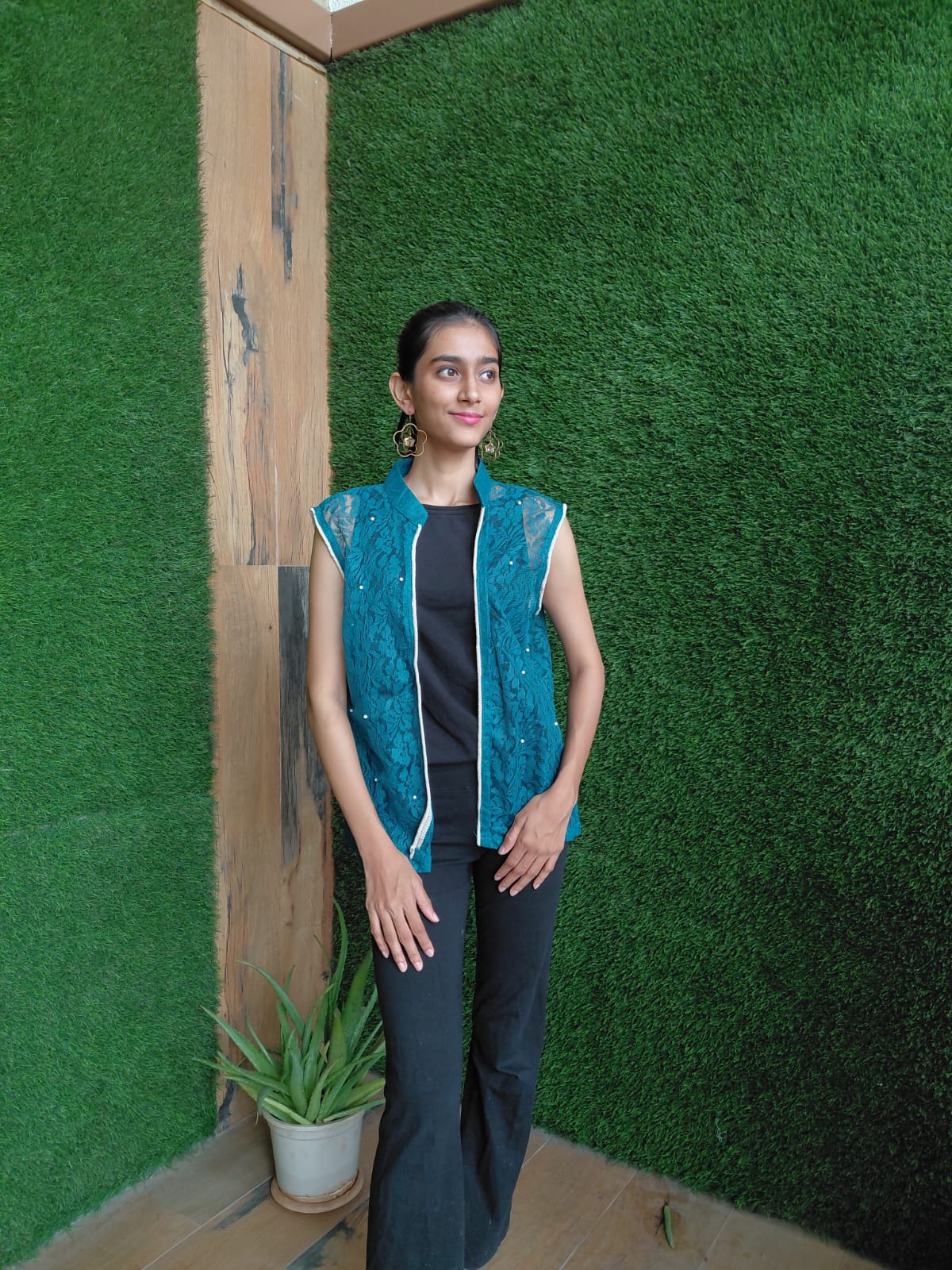 Blue Embroidered Sleeveless Jacket