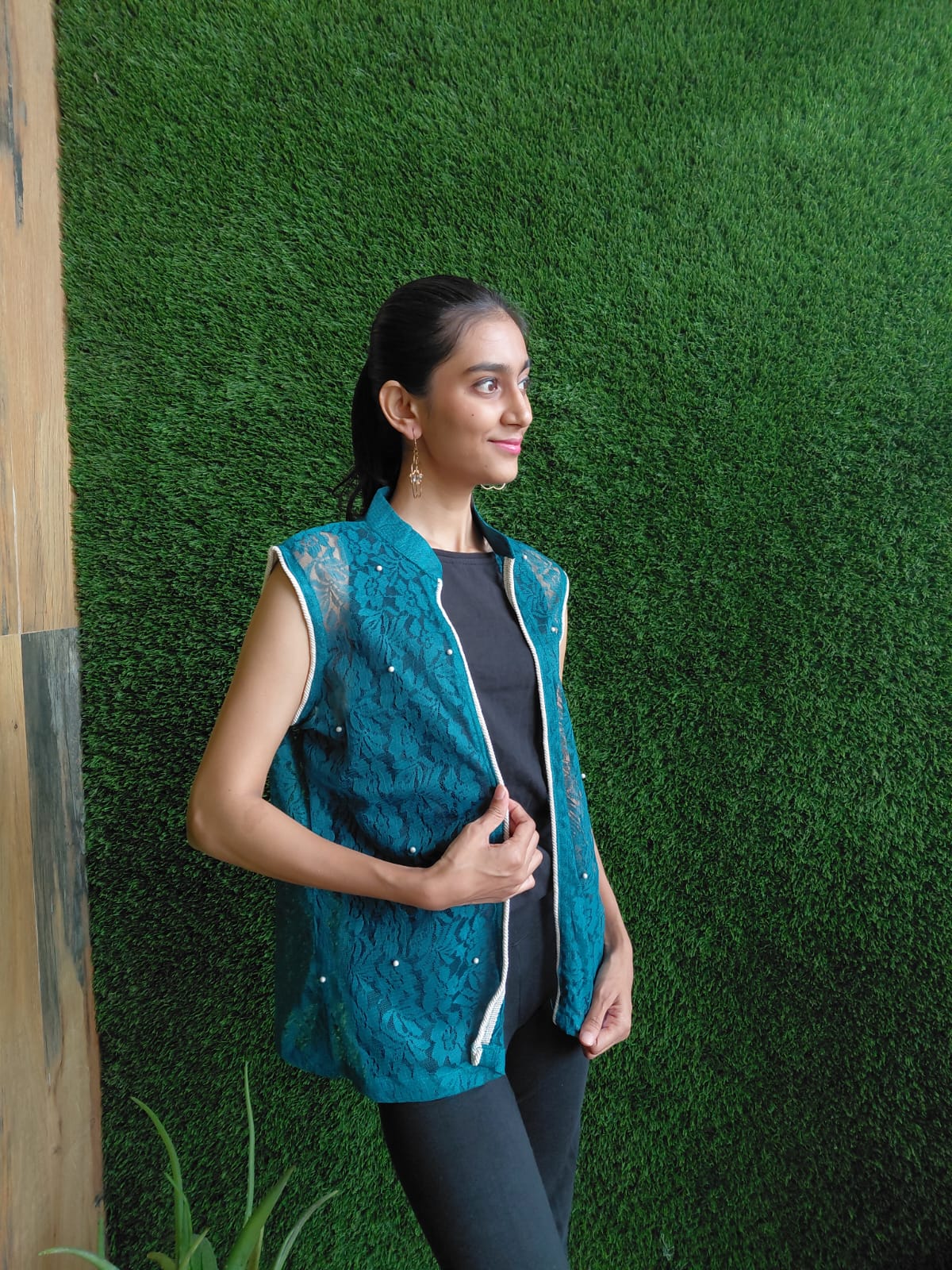 Blue Embroidered Sleeveless Jacket