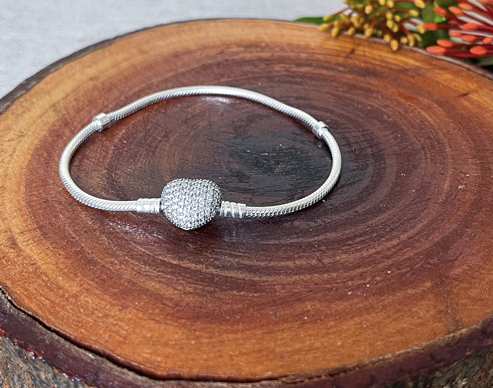 Bracelete Pandora Fecho Coração Cravejado