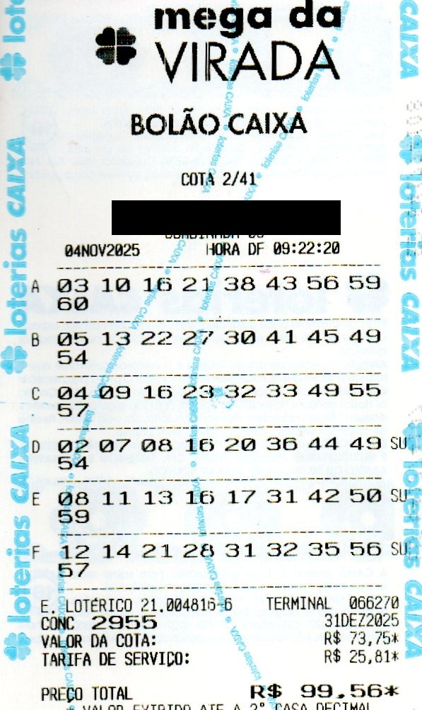 01 MEGA DA VIRADA BOLÃO R$ 99,56