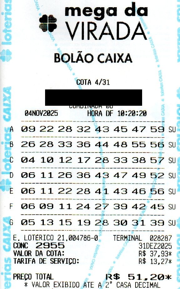 02 MEGA DA VIRADA BOLÃO R$ 51,20