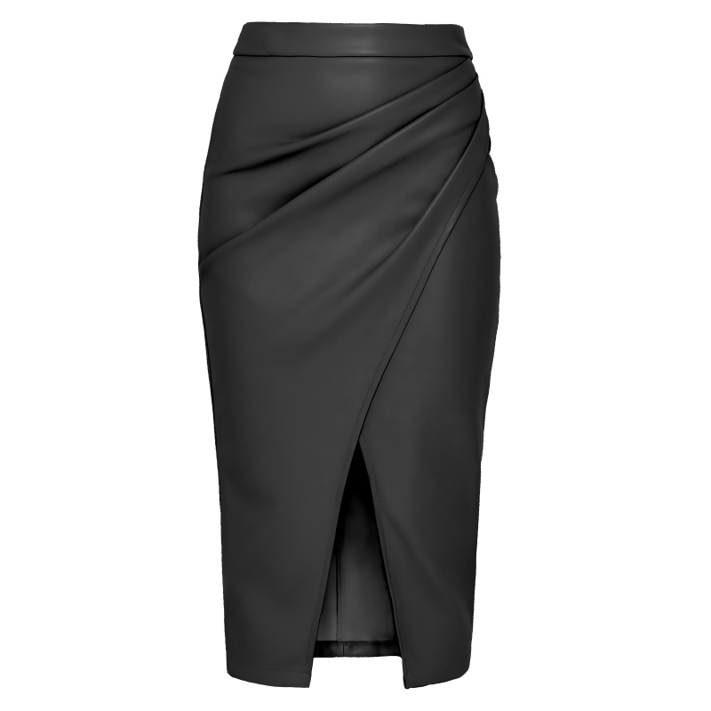 Women’s PU Faux Leather Pencil Skirt – High Waist Ruched Design with Front Slit
