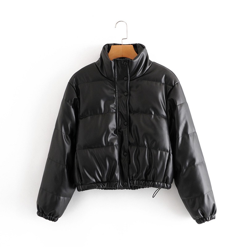 Winter Stand-Collar Short Leather Puffer Jacket