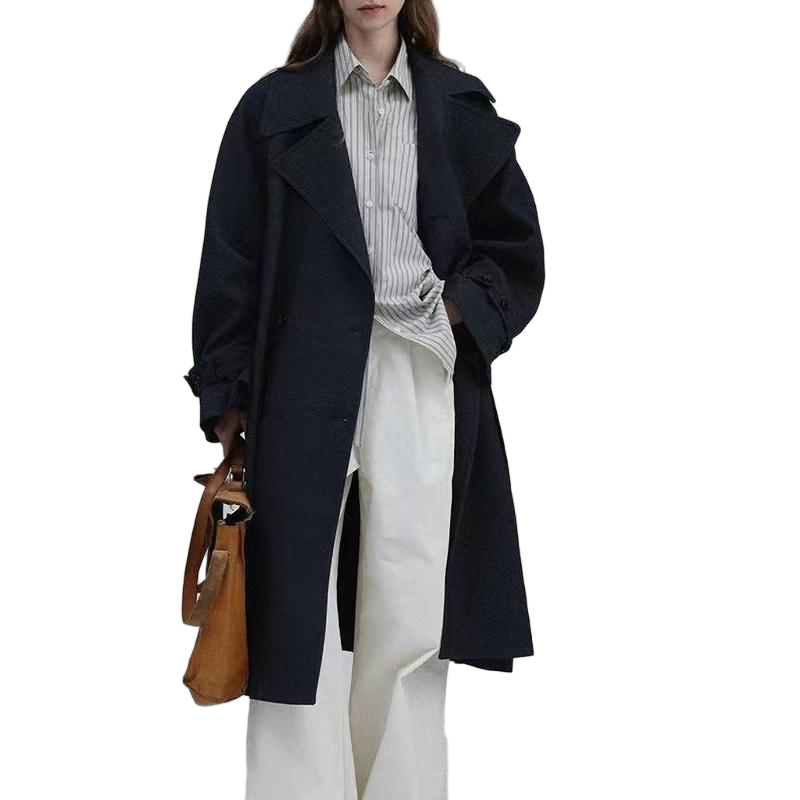 Women’s Long Trench Coat with Wide Lapel Collar – Elegant Belted Overcoat