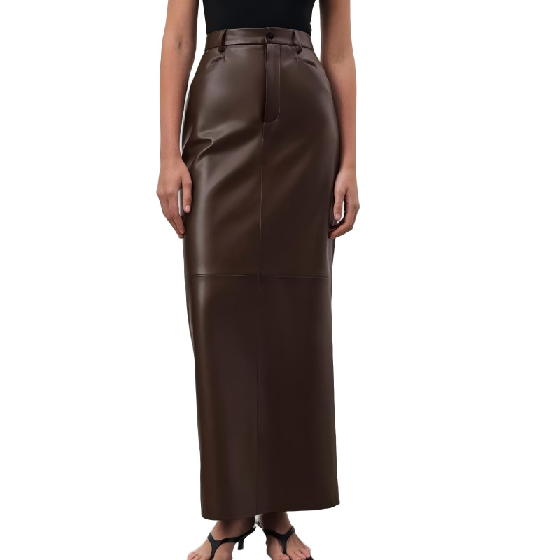 Fall Winter PU Leather Vintage High-Waist Slim A-Line Midi Skirt