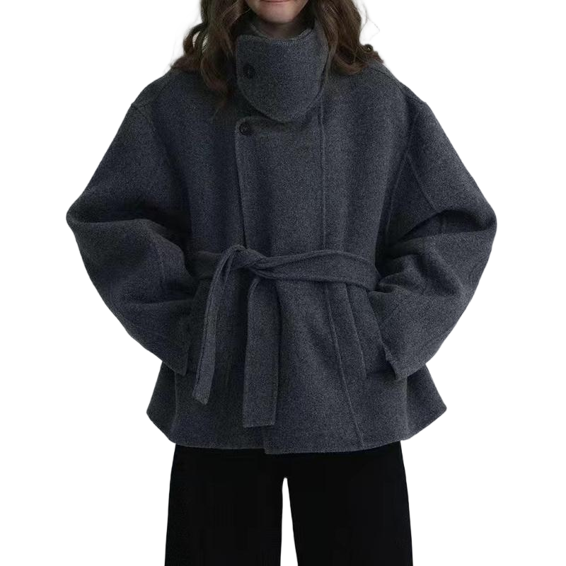 Women’s Vintage High-Neck Short Coat – Wide Lapel Cropped Jacket for Autumn & Winter