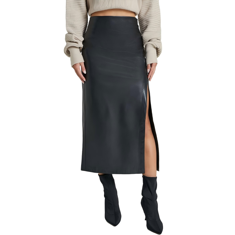 Fall Winter PU High-Waist Split Zipper Leather Midi Skirt