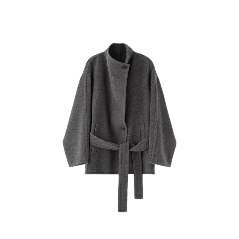Double-Faced Wool Cashmere Coat with Asymmetric Lapel and Two-Way Wear Design