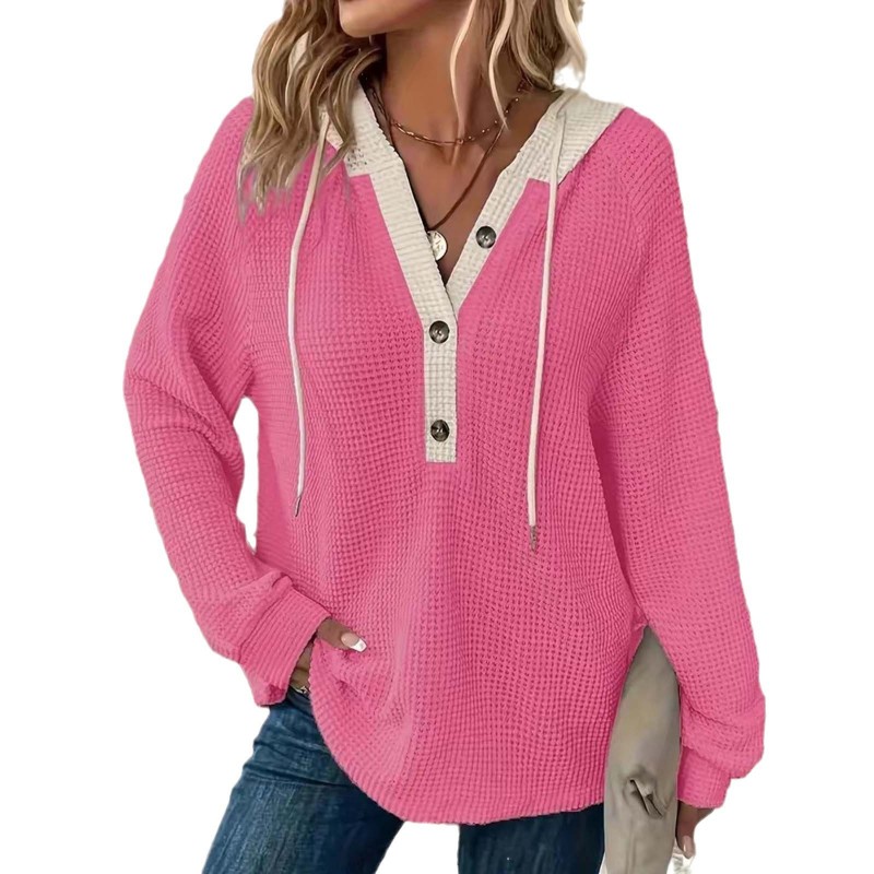 Women’s Hooded Drawstring Button Collar Pullover