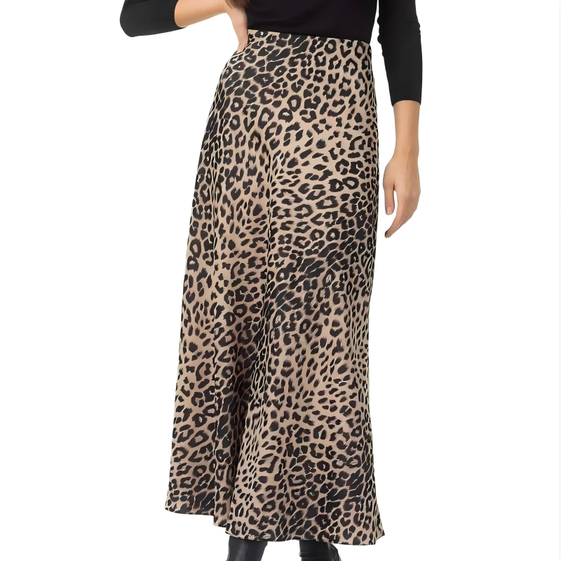 Women’s Satin Leopard Print Midi Skirt – High Waist Silky Elastic Waist Skirt