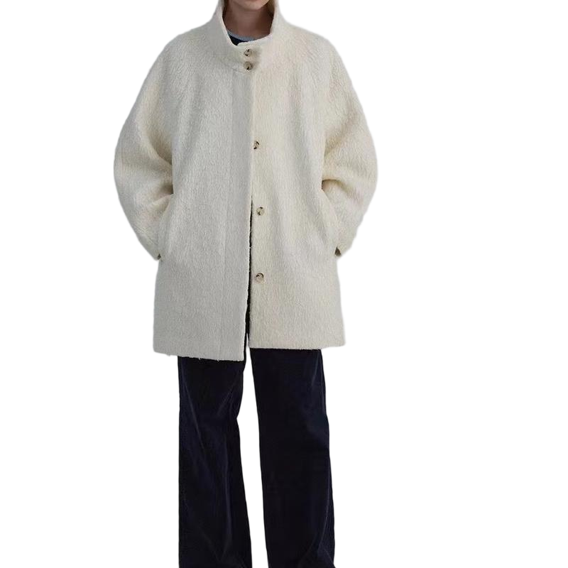 Vintage Sherpa Fleece Stand-Collar Windproof Mid-Length Coat