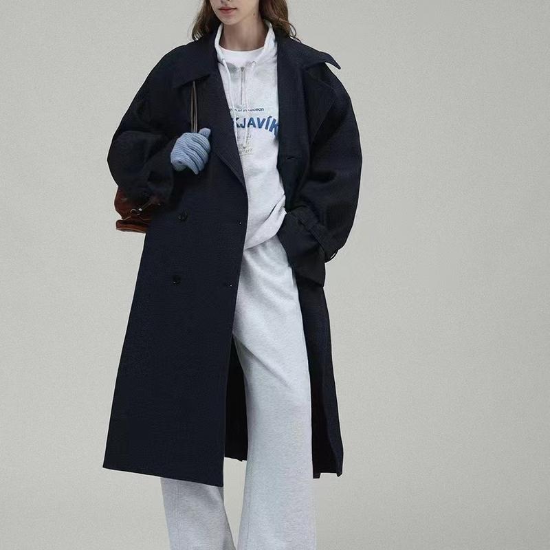 Women’s Long Trench Coat with Wide Lapel Collar – Elegant Belted Overcoat