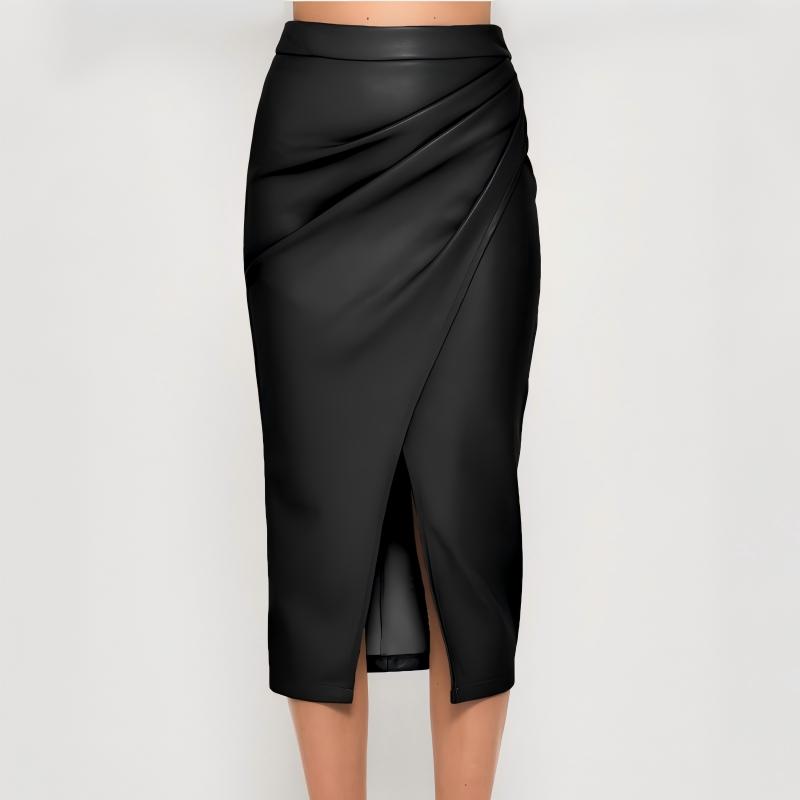 Women’s PU Faux Leather Pencil Skirt – High Waist Ruched Design with Front Slit