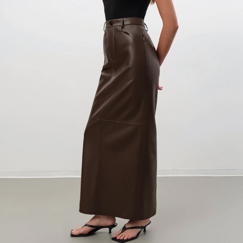 Fall Winter PU Leather Vintage High-Waist Slim A-Line Midi Skirt