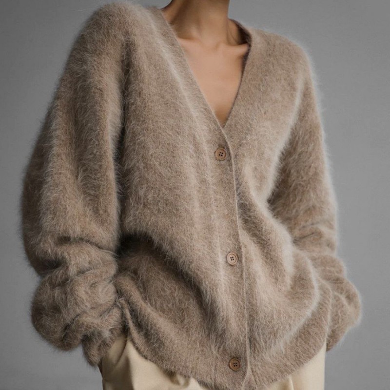  Fall Winter Loose V-Neck Angora Knit Cardigan