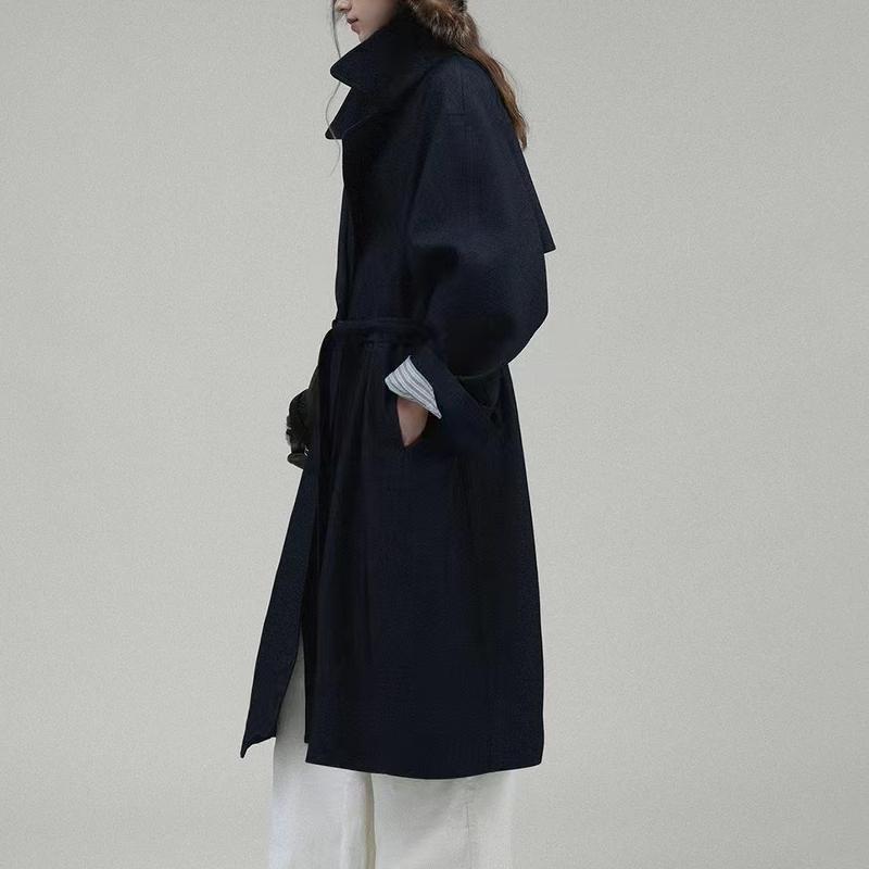Women’s Long Trench Coat with Wide Lapel Collar – Elegant Belted Overcoat