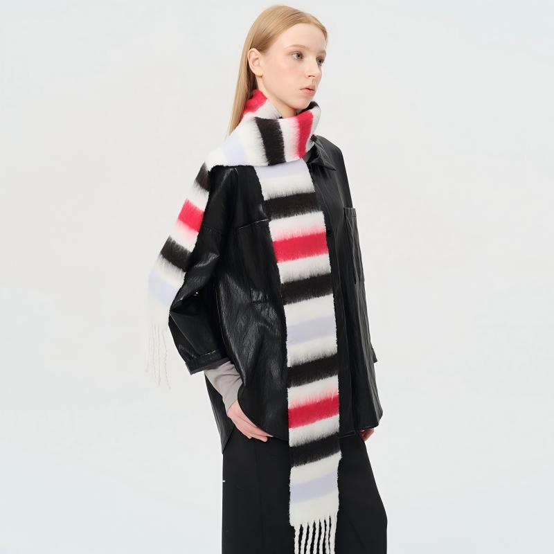 Wool Colorblock Striped Fringe Scarf