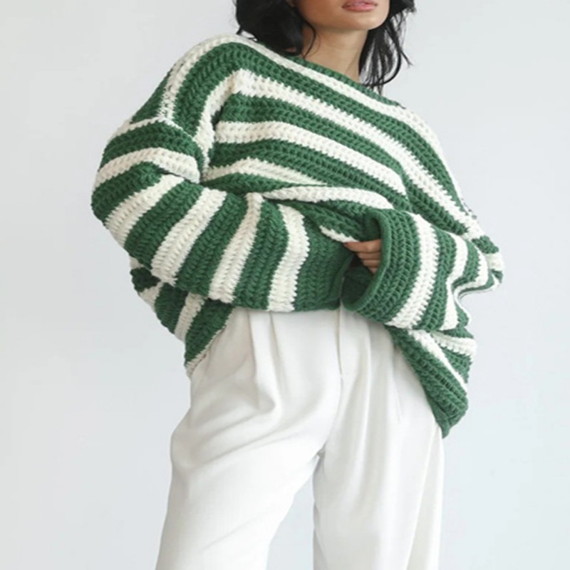 Fall Winter Loose Off-Shoulder Striped Knit Sweater