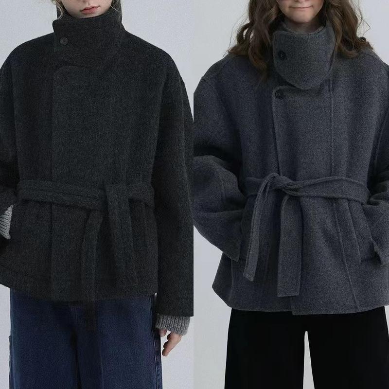 Women’s Vintage High-Neck Short Coat – Wide Lapel Cropped Jacket for Autumn & Winter