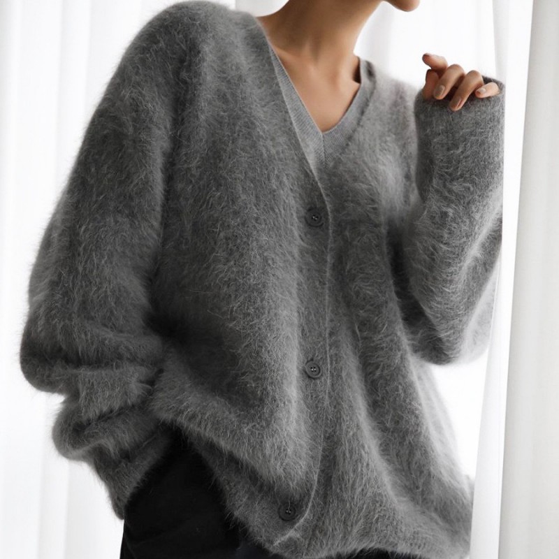  Fall Winter Loose V-Neck Angora Knit Cardigan