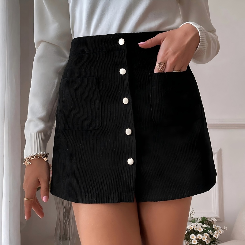Women’s Corduroy Button-Front Mini Skirt – Slim Fit Solid Color Skirt