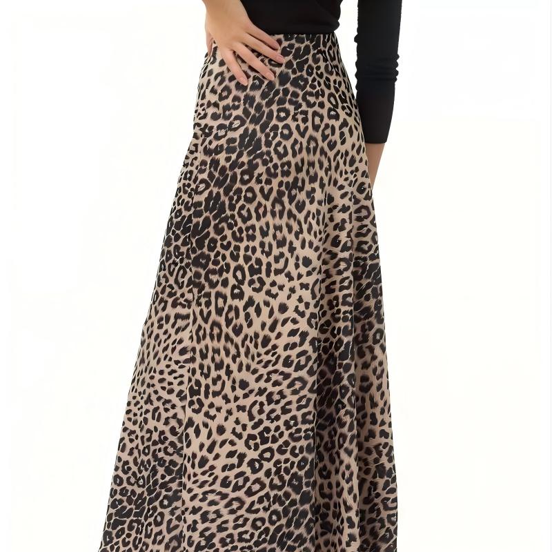 Women’s Satin Leopard Print Midi Skirt – High Waist Silky Elastic Waist Skirt