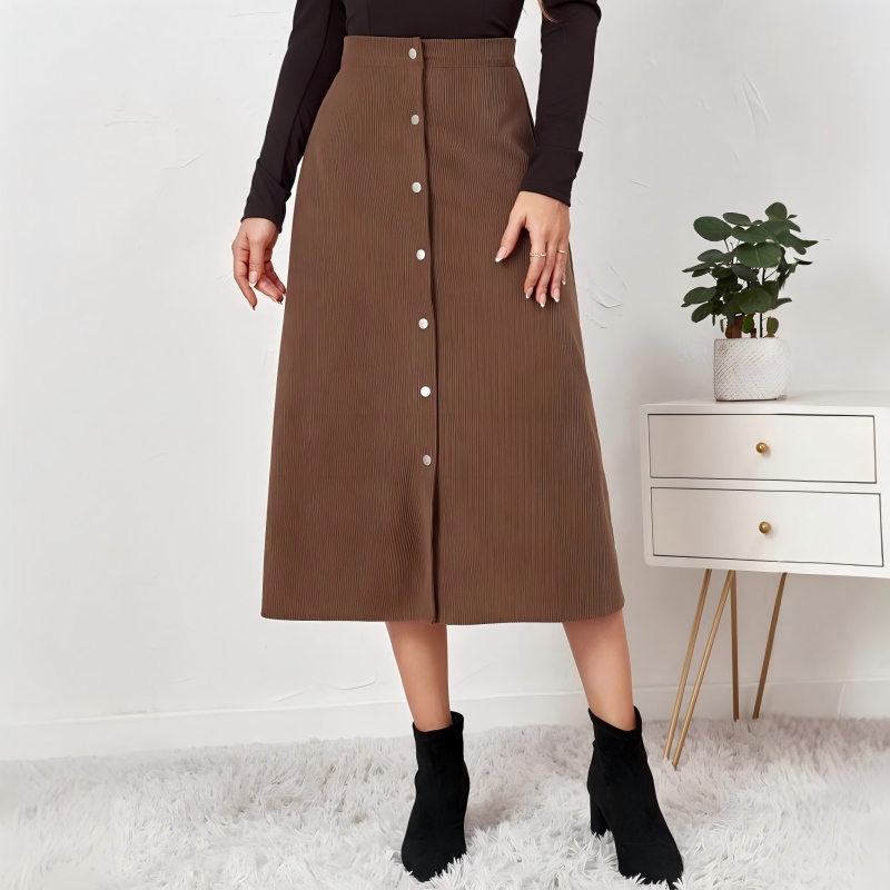  Women’s Corduroy Button-Front Midi Skirt – High Waist Autumn Winter Skirt