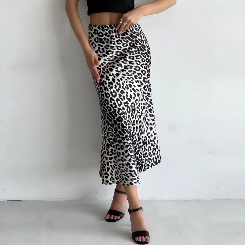 Women’s Satin Leopard Print Midi Skirt – High Waist Silky Elastic Waist Skirt