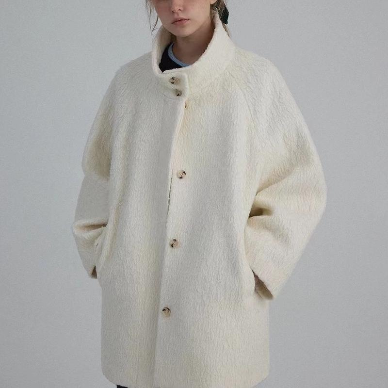 Vintage Sherpa Fleece Stand-Collar Windproof Mid-Length Coat