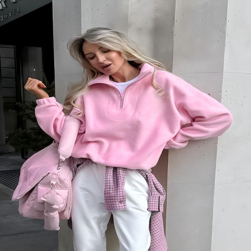 Fall Winter Loose Pink Fleece Pullover Sweatshirt