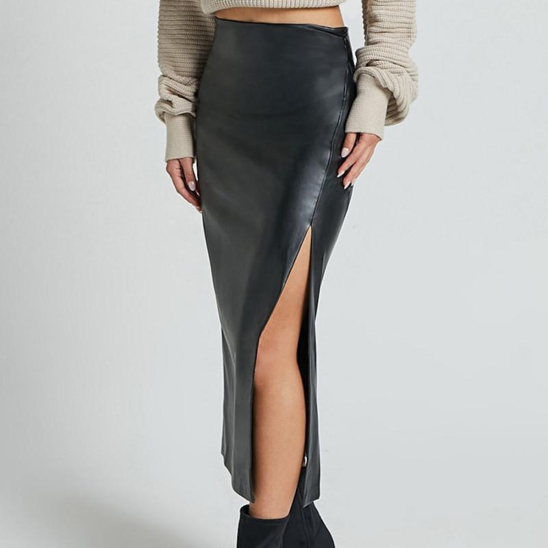 Fall Winter PU High-Waist Split Zipper Leather Midi Skirt