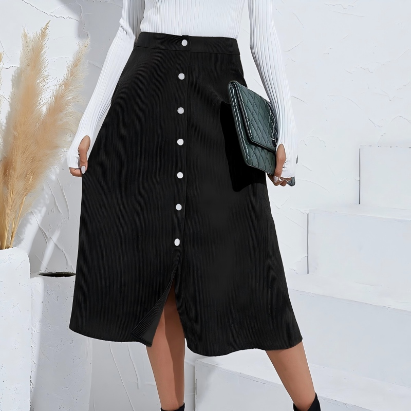  Women’s Corduroy Button-Front Midi Skirt – High Waist Autumn Winter Skirt