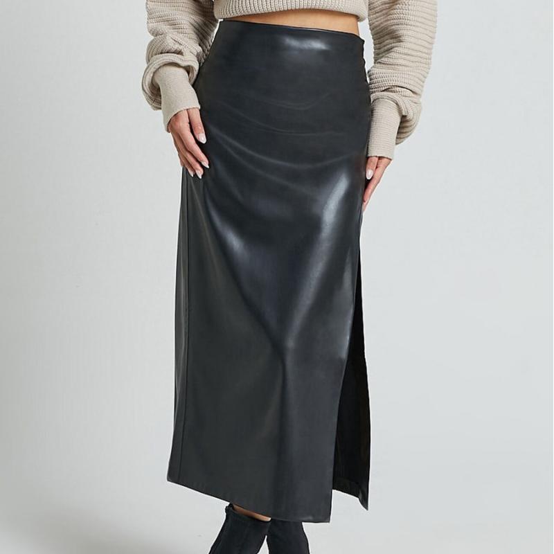 Fall Winter PU High-Waist Split Zipper Leather Midi Skirt