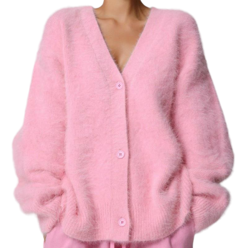 Fall Winter Loose V-Neck Angora Knit Cardigan
