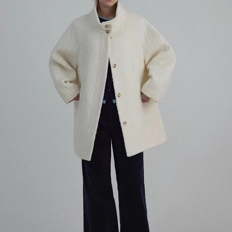 Vintage Sherpa Fleece Stand-Collar Windproof Mid-Length Coat