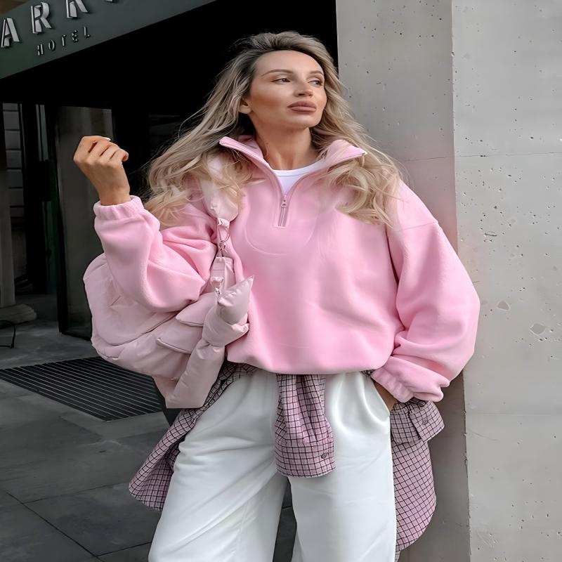 Fall Winter Loose Pink Fleece Pullover Sweatshirt